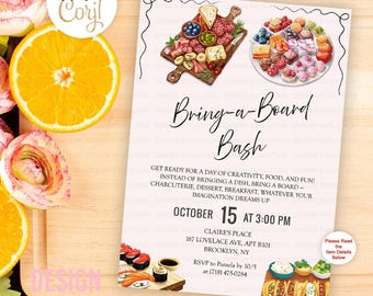May include: A digital invitation with the text "Bring-a-Board Bash" featuring illustrations of charcuterie, desserts, and sushi. The invitation includes event details such as the date, time, and location. The design incorporates floral and citrus elements.