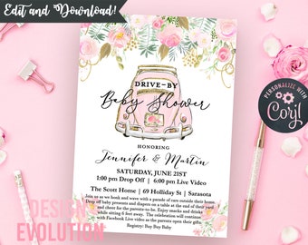 Floral Drive-By Baby Shower Invitation (Digital Download)
