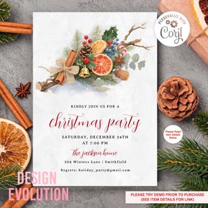 Peut inclure: Une invitation à une fête de Noël avec des illustrations à l'aquarelle d'éléments festifs tels que des oranges, des pommes de pin et des bâtons de cannelle. Le texte de l'invitation est en écriture manuscrite bordeaux, avec les détails de l'événement le 24 décembre.