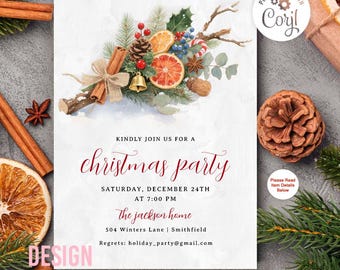 Rustic Watercolor Christmas Botanical Arrangement Invitation (Digital Download)