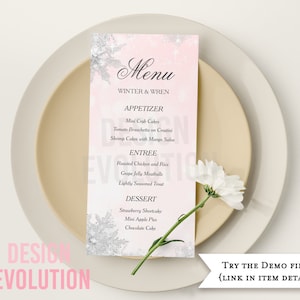 TRY DEMO FIRST -  Size: 4 x 9.25 Menu Place Setting Winter Snowflake Frosted Holiday Anniversary Wedding Rehearsal Reception Dinner Menu