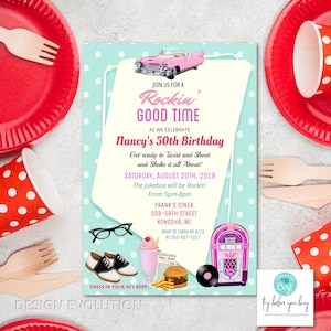 TRY DEMO FIRST - Retro Diner Classic Car Retro Vintage 1950s 50th 60th 70th 80th Automobile 50s Party 1955 Pink Cadillac Birthday Invitation