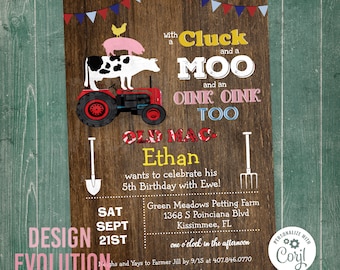 TRY DEMO FIRST - Farm Animals Barn Farm Barnyard Birthday Tractor Rustic Wood Invitation