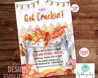May include: A watercolor illustration of a crawfish boil invitation. The invitation features a pot of crawfish, corn, potatoes, and lemons. The text on the invitation reads "Let's Get Crackin!" and "Please join us for our Annual Crawfish Boil Saturday, August 21st at 2pm The Smith's Backyard 305 Bertrand Dr, Lafayette, LA RSVP to Carla by 8/10 at (337)233-5446".