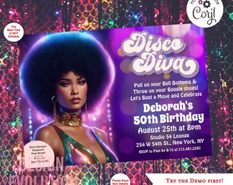 Disco Diva Birthday Invitation: 1970s Retro Theme (Digital)
