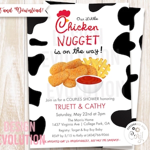 TRY DEMO FIRST: Chicken Nugget Little Nugget Fast Food Couples Shower Baby Shower Cow Moo French Fries Waffle Fries Invitation