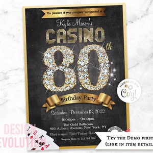 TRY DEMO FIRST - 80th Birthday Casino Las Vegas Casino Royale Poker Night Playing Cards Diamonds Dice Birthday Invitation