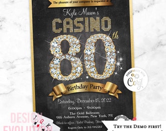 May include: A black and gold casino themed 80th birthday party invitation with a diamond-encrusted 80, a gold ribbon, and the text "Kyle Mason's Casino 80th Birthday Party". The invitation includes the date, time, location, and contact information for RSVPs.