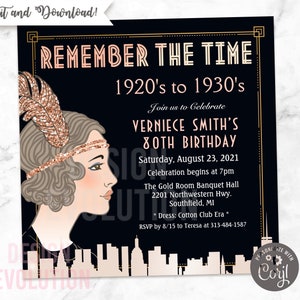 TRY DEMO FIRST - Size: 5.25 x 5.25" - Great Gatsby Flapper Girl Jazz Age 1920s Roaring 20's Speakeasy Birthday Invitation
