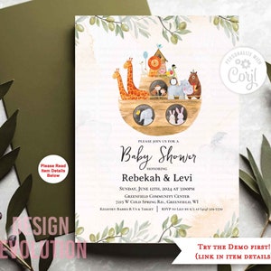 TRY DEMO FIRST - Noah&#39;s Ark Animals Watercolor Baby Shower Baby Sprinkling Sprinkle Noah&#39;s Arc Invitation
