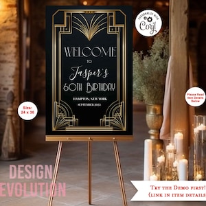 TRY DEMO FIRST -  Size 24 x 36 Art Deco Roaring 20s 1920s Great Gatsby Harlem Nights Black & Gold Metallic Welcome Sign