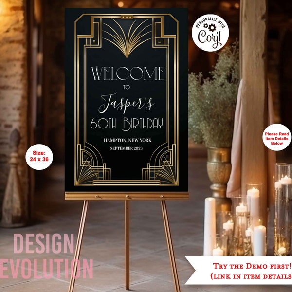 TRY DEMO FIRST -  Size 24 x 36 Art Deco Roaring 20s 1920s Great Gatsby Harlem Nights Black & Gold Metallic Welcome Sign