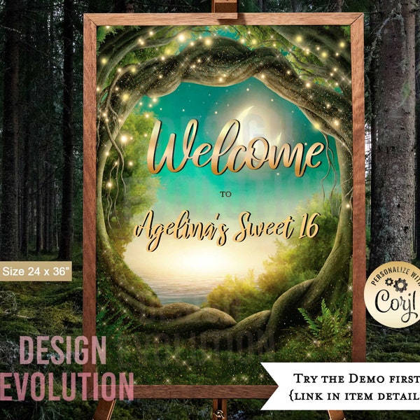 TRY DEMO FIRST - Size: 24x 36 Enchanted Forest Birthday Sweet 16 Quinceañera Bat Mitzvah Wedding Bridal Shower Poster Welcome Sign