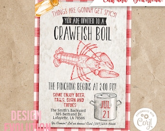 May include: A red and white checkered background with a printable invitation for a crawfish boil. The invitation features a drawing of a crawfish, a pot with the date July 21st, and the text "Things are gonna get spicy! You are invited to a crawfish boil. The pinching begins at 2:00 PM! Come enjoy beer, tails, corn and tatoes. The Smith's Backyard 305 Bertrand Dr. Lafayette, LA 70506 Ya Comin? Let us know! Carl (337)233-5446"
