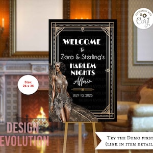 TRY DEMO FIRST -  Size 24 x 36 Harlem Nights African American Art Deco 1920s Wedding Bridal Birthday Anniversary Engagement Welcome Sign