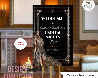 TRY DEMO FIRST -  Size 24 x 36 Harlem Nights African American Art Deco 1920s Wedding Bridal Birthday Anniversary Engagement Welcome Sign