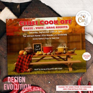 May include: A promotional flyer for a Chili Cook-Off event. The design features a picnic table with chili ingredients, pots, and a sign that says "Chili Cook-off". The flyer includes event details and RSVP information.