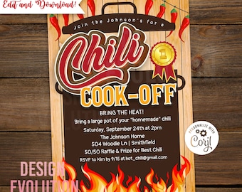 May include: A chili cook-off invitation with a red and yellow chili pot illustration. The text reads "Join the Johnson's for a Chili Cook-Off. Bring the heat! Bring a large pot of your "homemade" chili. Saturday, September 24th at 2pm. The Johnson Home. 504 Woodie Ln | Smithfield. 50/50 Raffle & Prize for Best Chili. RSVP to Kim by 9/15 at hot_chili@gmail.com".
