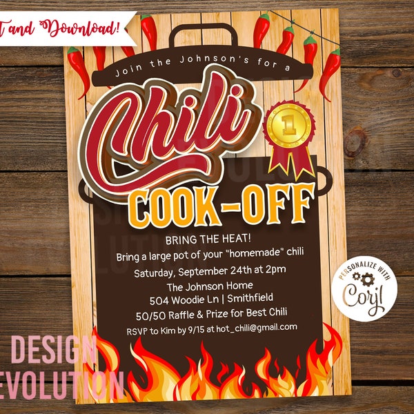 TRY DEMO FIRST - Chili Cook-Off Cook Off Cookoff Competition Rustic Pot Flame Wood Invitation