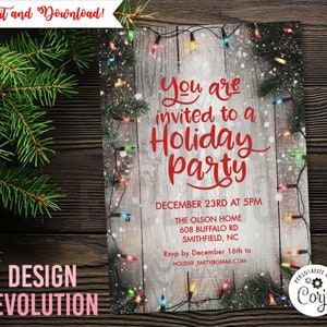 TRY DEMO FIRST - Holiday Winter Christmas Party Christmas Lights Rustic Invitation