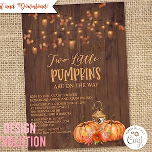TRY DEMO FIRST - Two Little Pumpkins Twin Pumpkin Baby Shower Mason Jar String Lights Leaves Wood Invitation