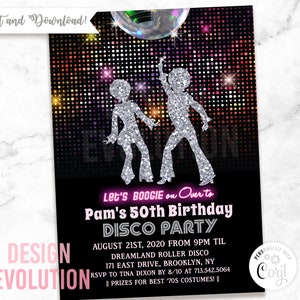 TRY DEMO FIRST - Disco Party Retro Adult 1970s 70s Afro Birthday Studio 54 Disco Ball Glitter Invitation