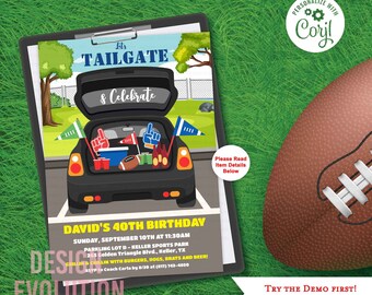 Könnte beinhalten: Eine druckbare Einladung zu einer 40. Geburtstags-Tailgate-Party. Die Einladung zeigt eine Cartoon-Illustration eines Autos mit offenem Kofferraum, gefüllt mit Fußbällen, Getränken und anderen Tailgate-Utensilien. Der Text auf der Einladung lautet "Let's Tailgate & Celebrate David's 40th Birthday".