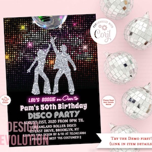 TRY DEMO FIRST - Disco Retro Adult 1970s 70s Disco Ball Studio 54 Silver Glitter Birthday Disco Party Invitation