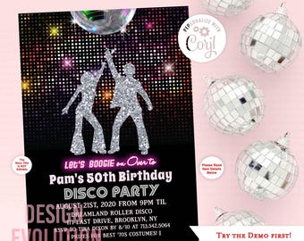 Retro Disco Birthday Party Invitation: Silver Glitter, Studio 54 (Digital Download)
