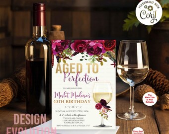 May include: A printable invitation for a 40th birthday party with a wine theme. The invitation features a glass of wine with a floral design and the text "Aged to Perfection" in gold lettering. The text "Merlet Madeira's 40th Birthday" is in purple lettering.