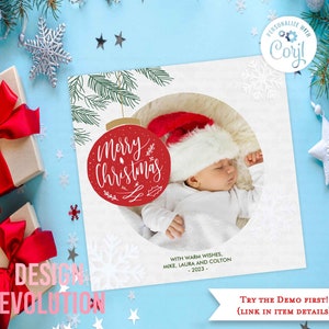TRY DEMO FIRST - Size 5.25 x 5.25 Holiday Christmas Winter Family Seasons Greetings Happy Holidays Greeting Card Infant Newborn Announcement