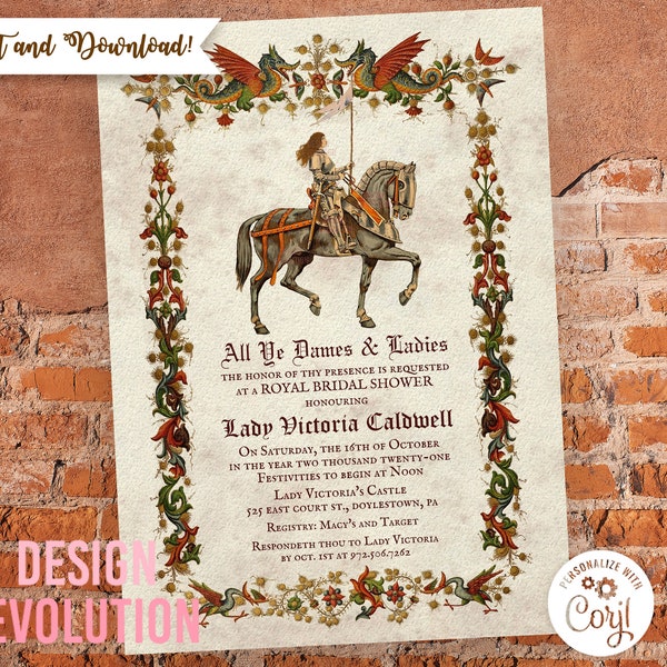 TRY DEMO FIRST - Medieval Renaissance Middle Ages Dragon Knight Renfaire Bridal Shower Invitation