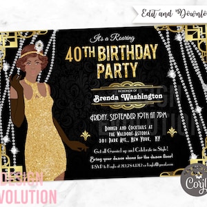 TRY DEMO FIRST - African American Flapper Girl Harlem Nights Great Gatsby Jazz Age 1920s Roaring 20&#39;s Speakeasy Birthday Invitation