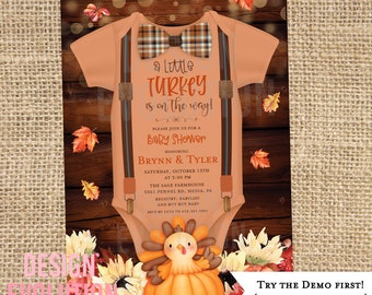 Little Turkey Fall Autumn Boy Onesie Romper Baby Shower Invitation (Digital Download)