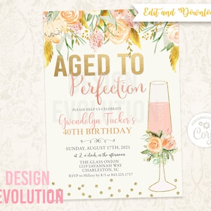 TRY DEMO FIRST - Aged to Perfection Wine Champagne Birthday Wine Tasting Wine Country Vineyard Wine Glass Floral Invitation
