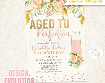 TRY DEMO FIRST - Aged to Perfection Wine Champagne Birthday Wine Tasting Wine Country Vineyard Wine Glass Floral Invitation