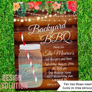 TRY DEMO FIRST - Backyard Summer Bbq Cookout Blue Mason Jar Floral String Lights Invitation