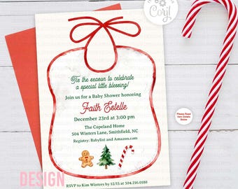 Watercolor Christmas Baby Shower Bib Invitation (Digital Download)