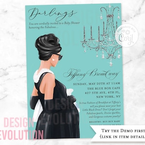 TRY DEMO FIRST - Baby and Co Breakfast at Little Black Dress Theme Baby Shower Couples Shower Elegant Chandelier Pregnant Invitation