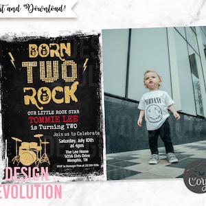 TRY DEMO FIRST - Born Two Rock Rockstar Rock n Roll First 2nd Birthday Photo Invitation