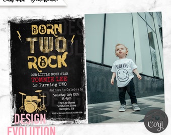 TRY DEMO FIRST - Born Two Rock Rockstar Rock n Roll First 2nd Birthday Photo Invitation