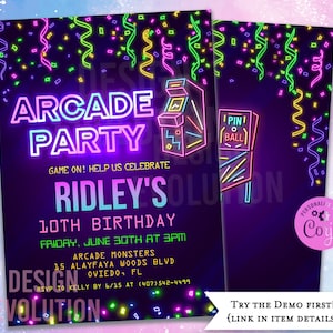 TRY DEMO FIRST - Arcade Birthday Party Rainbow Neon Glow Arcade Games Video Game Party Gaming Party Tween Girl Invitation