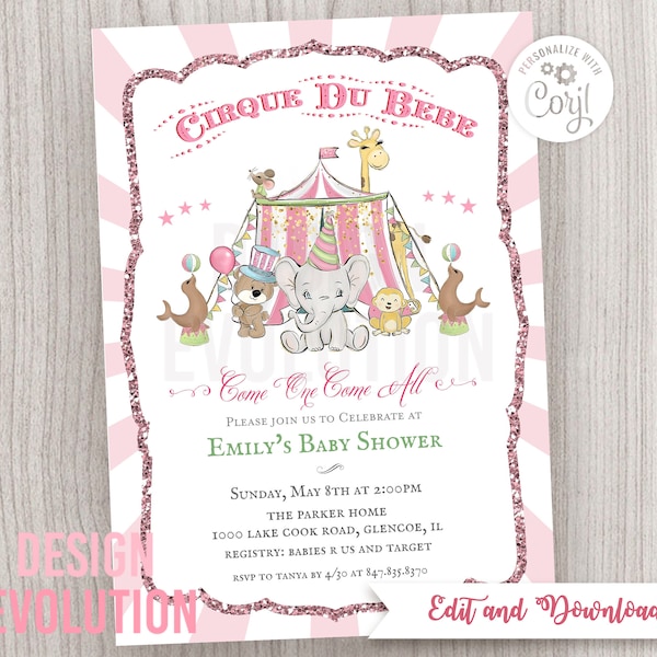 TRY DEMO FIRST - Cirque du Bebe Circus Baby Shower Carnival Girl Baby Shower Elephant Circus Animals Invitation