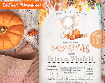 Puede incluir: Una invitación a una fiesta de bienvenida al bebé con una ilustración de acuarela de un elefante blanco sosteniendo una calabaza. La invitación está decorada con hojas de otoño y el texto "A Little Pumpkin is on the way!" La invitación es para Rebecca Whitfield e incluye la fecha, la hora y el lugar de la fiesta. También se incluye información de RSVP y detalles del registro.
