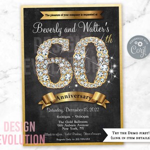 TRY DEMO FIRST - 60th Wedding Anniversary Elegant Classy Black Tie Gold Diamond Black and Gold Invitation
