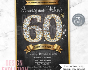 60th Anniversary Invitation: Elegant Gold Diamond Design (Digital Download)