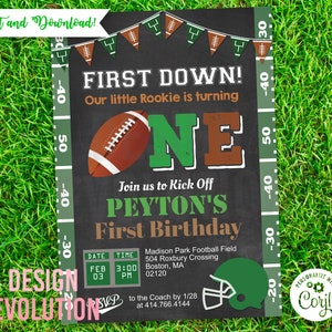 TRY DEMO FIRST - First Down Touchdown Football Sports Chalkboard First 1st Birthday Invitation