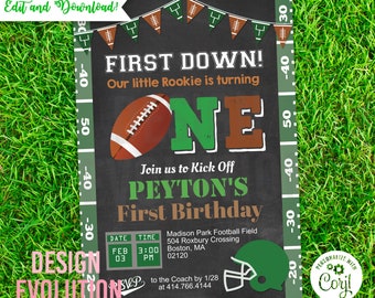 TRY DEMO FIRST - First Down Touchdown Football Sports Chalkboard First 1st Birthday Invitation