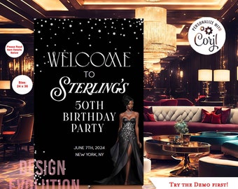 Elegant Black Tie Birthday Welcome Sign: African American Theme (24x36) (Digital Download)