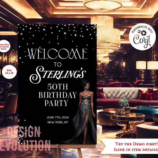 TRY DEMO FIRST - Size 24 x 36 African American Classy Elegant Black Tie All Black Affair Surprise Casino Vegas Birthday Welcome Sign Poster